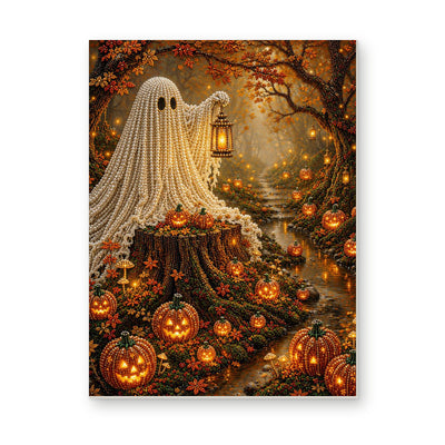 Straight dimensional white-background mockup of the complete artwork — Forest Ghost with a Lantern and Glowing Pumpkins. Pearl diamond painting DIY kit by Isuvio.