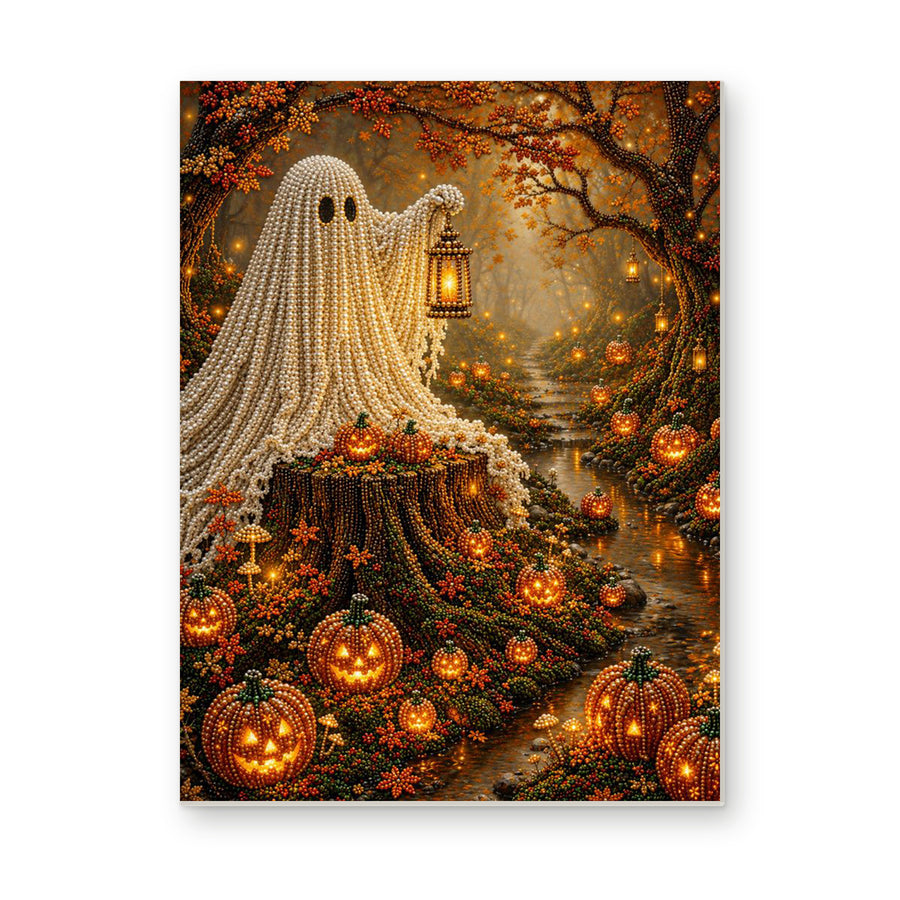 Straight dimensional white-background mockup of the complete artwork — Forest Ghost with a Lantern and Glowing Pumpkins. Pearl diamond painting DIY kit by Isuvio.