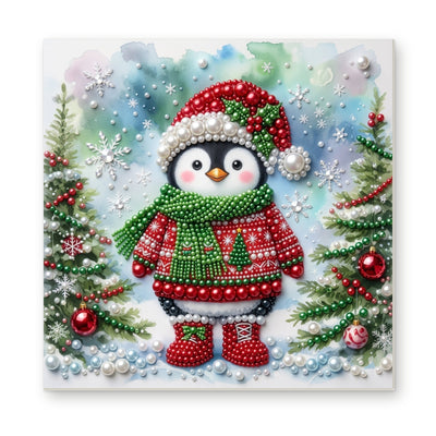 Straight dimensional white-background mockup of the complete artwork — Snowy Penguin in a Christmas Sweater. Pearl diamond painting DIY kit by Isuvio.