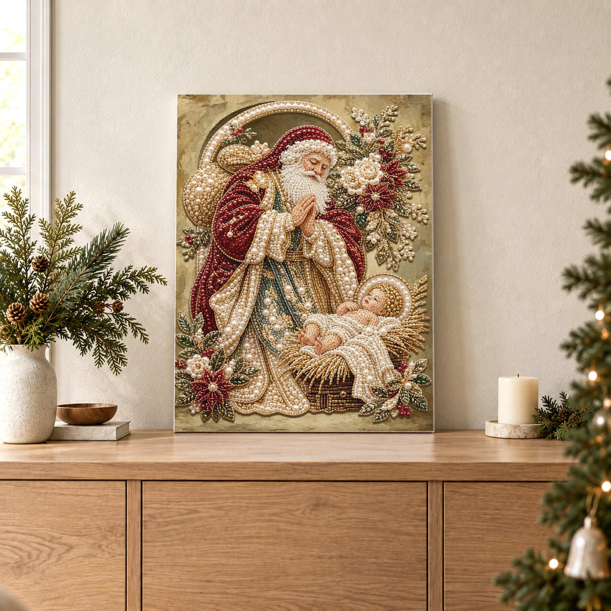 Babbo Natale inginocchiato davanti alla mangiatoia