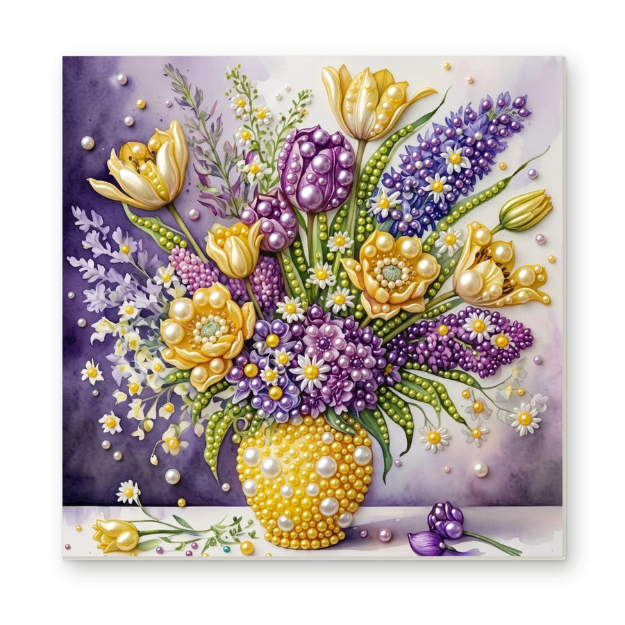 Straight dimensional white-background mockup of the complete artwork — Yellow and Purple Flowers in a Pearl Vase. Pearl diamond painting DIY kit by Isuvio.