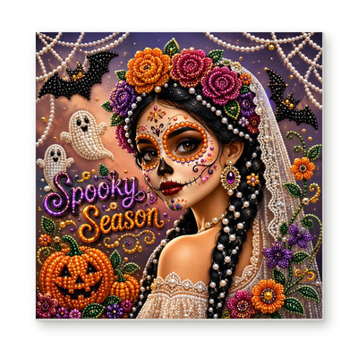 Straight dimensional white-background mockup of the complete artwork — Spooky Season Floral Sugar Skull Portrait. Pearl diamond painting DIY kit by Isuvio.