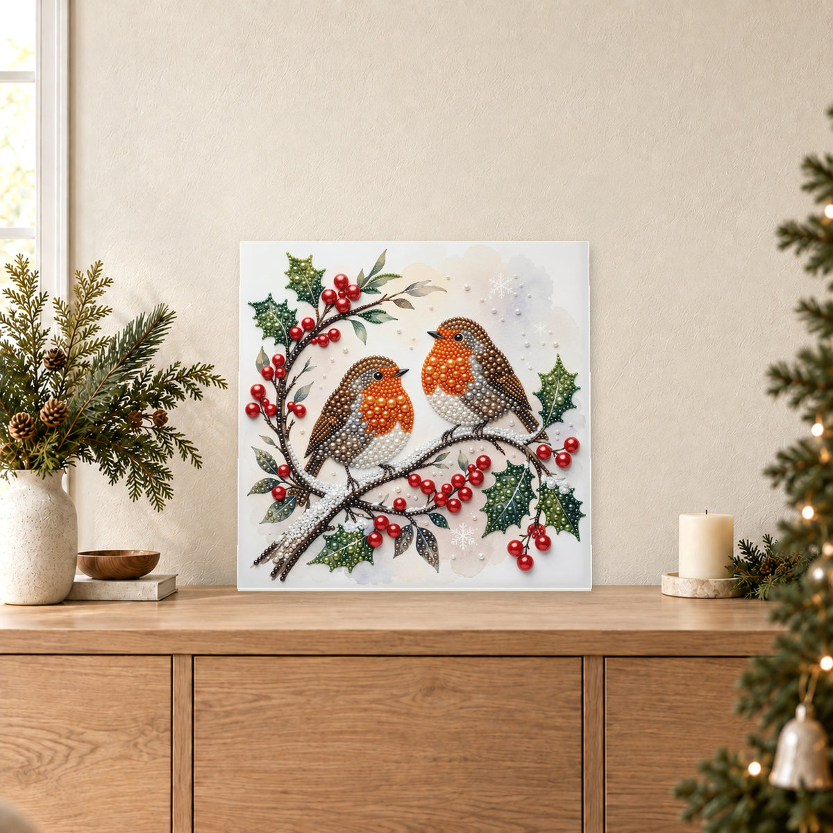 Zwei Rotkehlchen in weihnachtlicher Stechpalme