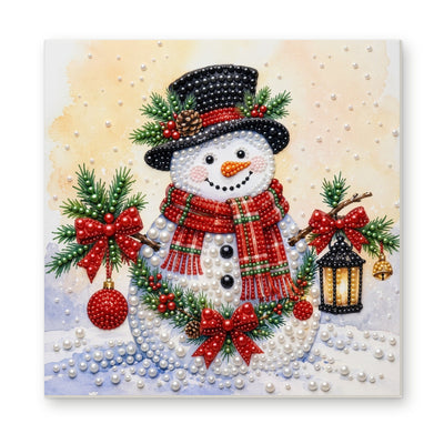 Straight dimensional white-background mockup of the complete artwork — Snowman with Holly and a Winter Lantern. Pearl diamond painting DIY kit by Isuvio.