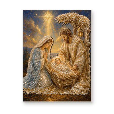 Straight dimensional white-background mockup of the complete artwork — Golden Nativity Under the Star. Pearl diamond painting DIY kit by Isuvio.