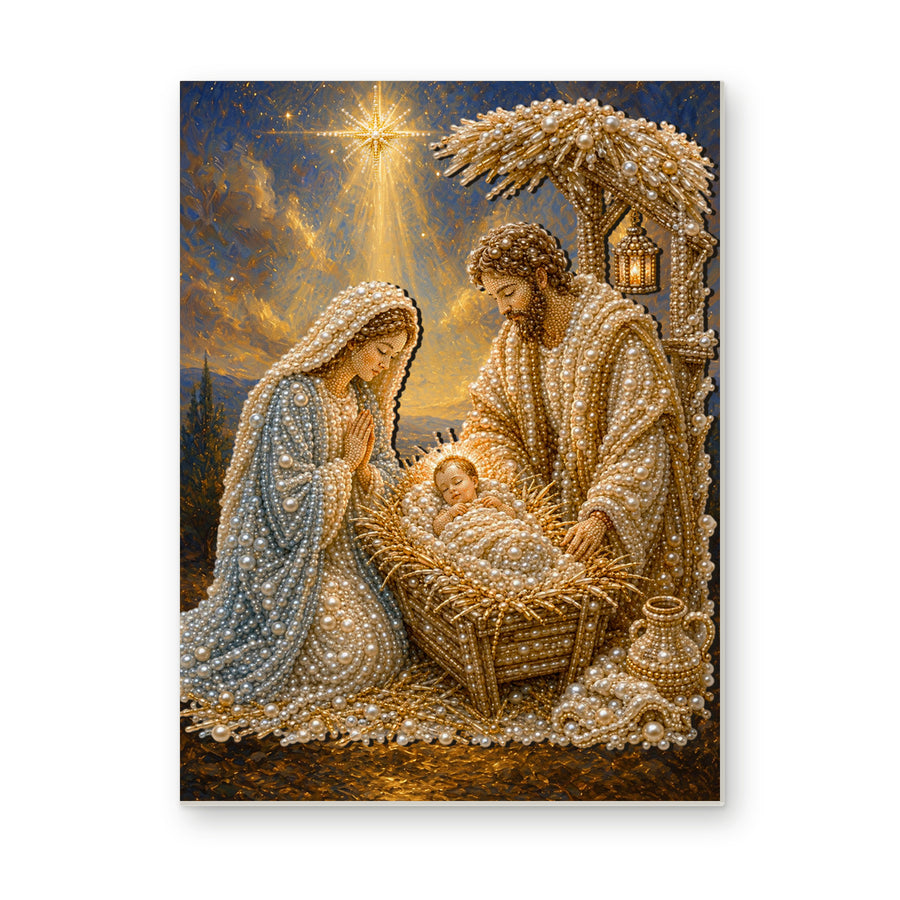 Straight dimensional white-background mockup of the complete artwork — Golden Nativity Under the Star. Pearl diamond painting DIY kit by Isuvio.
