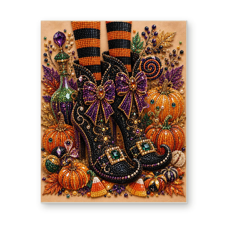 Straight dimensional white-background mockup of the complete artwork — Curled Witch Boots with Pumpkins and Purple Bows. Pearl diamond painting DIY kit by Isuvio.