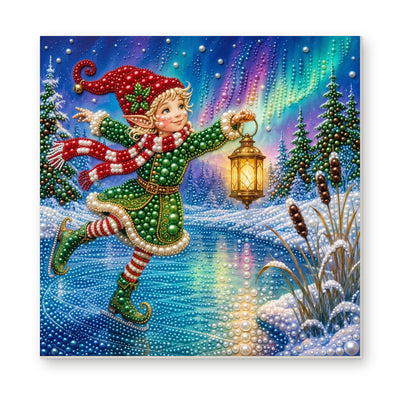 Straight dimensional white-background mockup of the complete artwork — Ice-Skating Elf with a Glowing Lantern. Pearl diamond painting DIY kit by Isuvio.