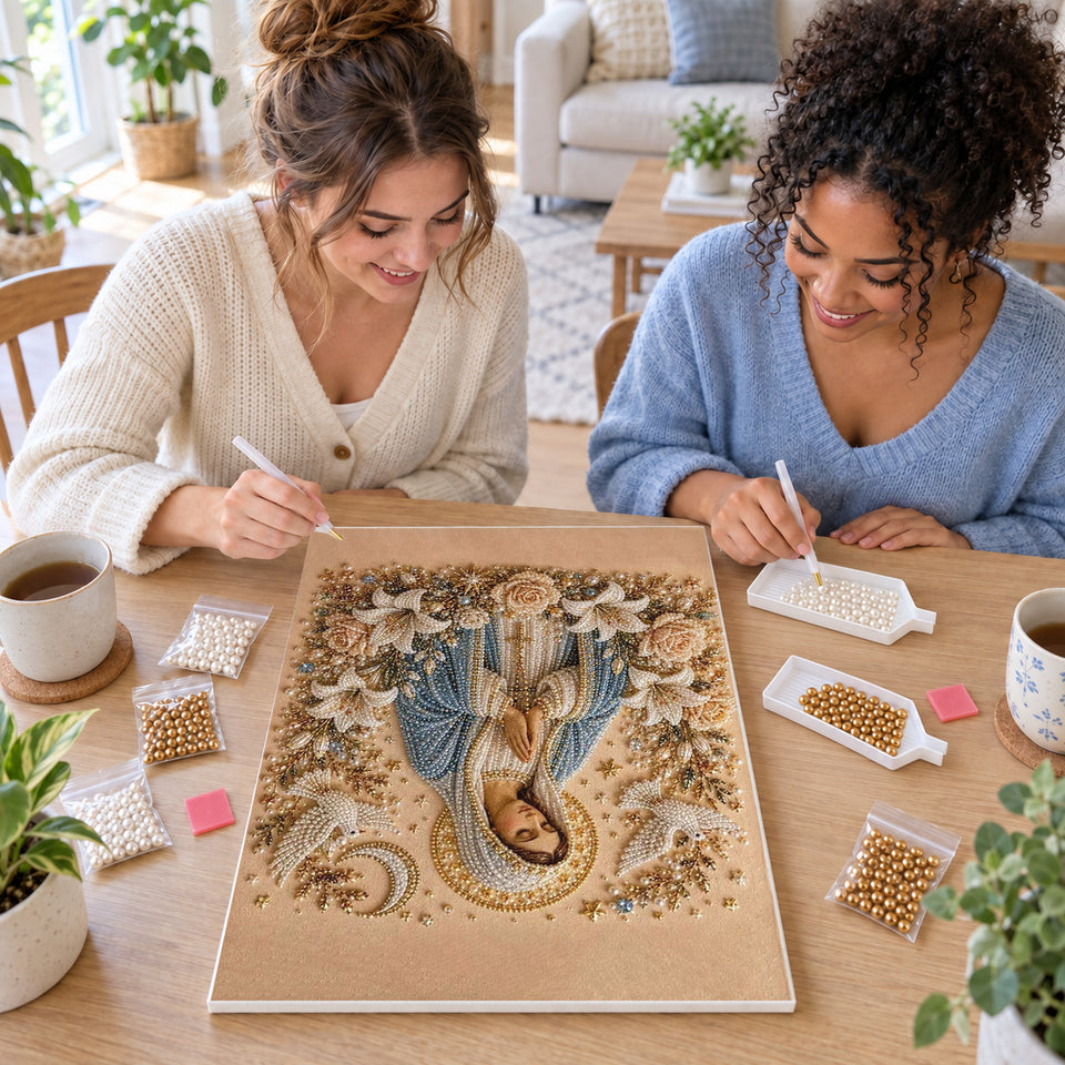 Two friends creating one shared Pearl artwork — Praying Mary with White Roses and Doves. Pearl diamond painting DIY kit by Isuvio.