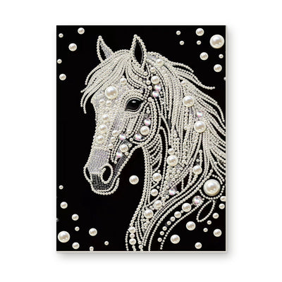 Straight dimensional white-background mockup of the complete artwork — White Pearl Horse Portrait on Black. Pearl diamond painting DIY kit by Isuvio.