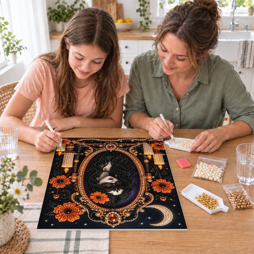 Mother and daughter creating one shared Pearl artwork — Masked Enchantress in an Ornate Mirror. Pearl diamond painting DIY kit by Isuvio.