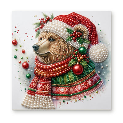 Straight dimensional white-background mockup of the complete artwork — Christmas Bear in a Red Nordic Sweater. Pearl diamond painting DIY kit by Isuvio.
