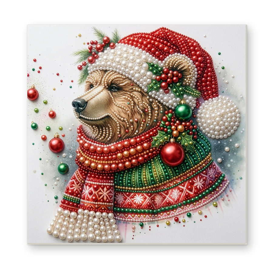 Straight dimensional white-background mockup of the complete artwork — Christmas Bear in a Red Nordic Sweater. Pearl diamond painting DIY kit by Isuvio.