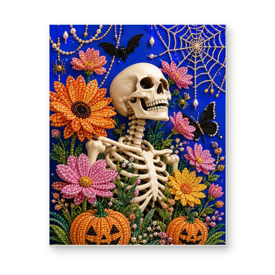 Straight dimensional white-background mockup of the complete artwork — Floral Skeleton among Bats and Pumpkins. Pearl diamond painting DIY kit by Isuvio.