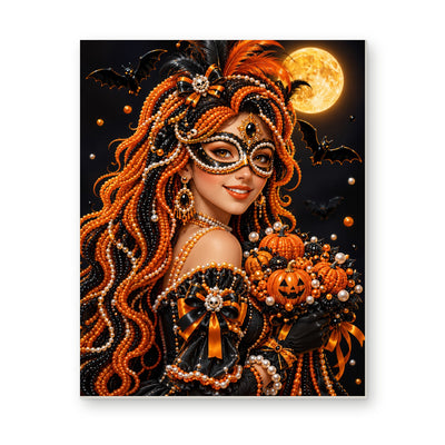 Straight dimensional white-background mockup of the complete artwork — Autumn Masquerade with a Pumpkin Bouquet. Pearl diamond painting DIY kit by Isuvio.