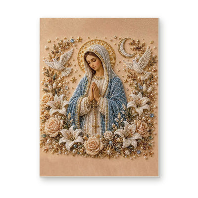 Straight dimensional white-background mockup of the complete artwork — Praying Mary with White Roses and Doves. Pearl diamond painting DIY kit by Isuvio.