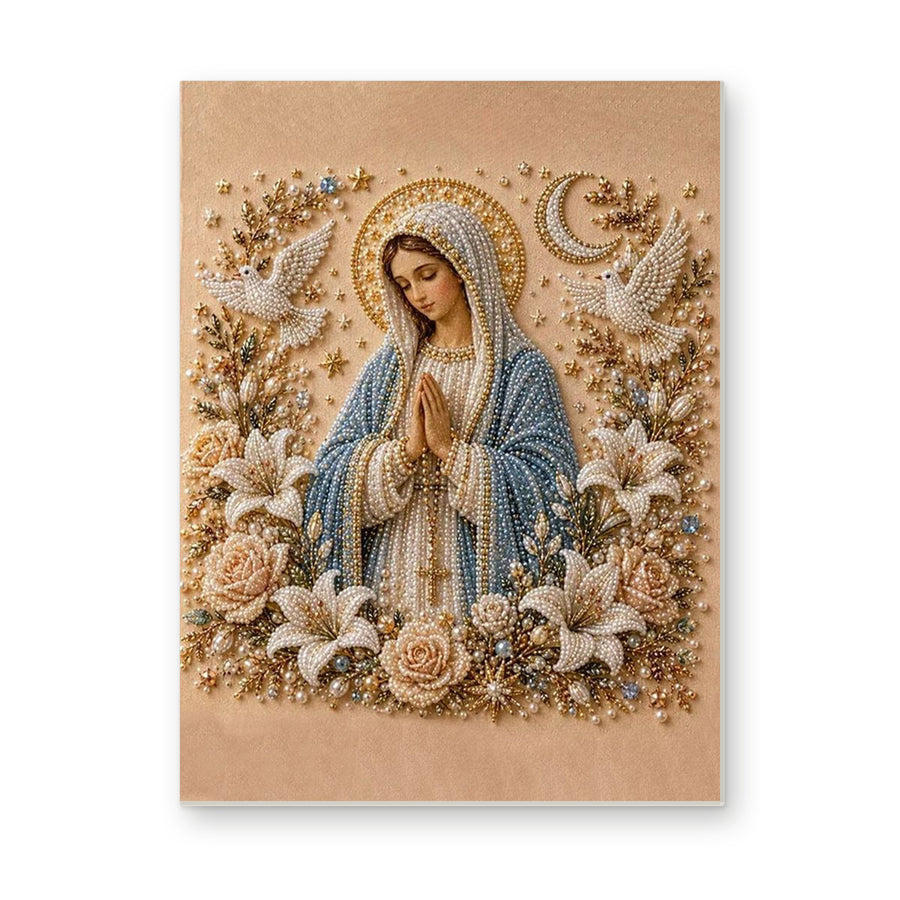 Straight dimensional white-background mockup of the complete artwork — Praying Mary with White Roses and Doves. Pearl diamond painting DIY kit by Isuvio.