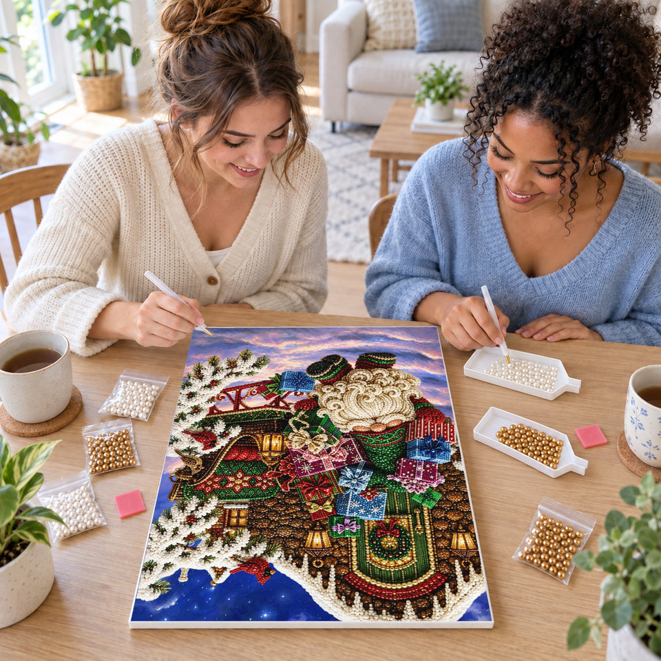 Two friends creating one shared Pearl artwork — Christmas Gnome with a Sleigh of Presents. Pearl diamond painting DIY kit by Isuvio.