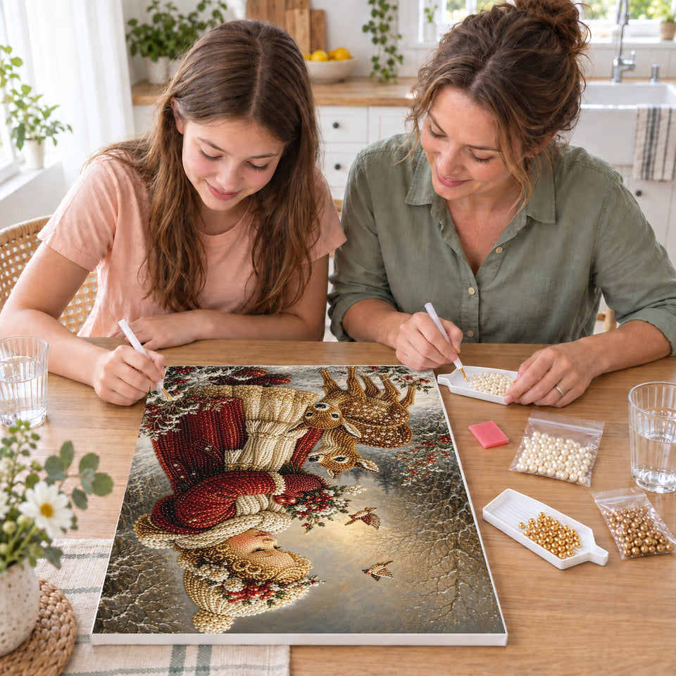 Mother and daughter creating one shared Pearl artwork — Winter Girl with Fawns and Holly. Pearl diamond painting DIY kit by Isuvio.