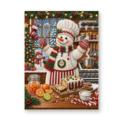Straight dimensional white-background mockup of the complete artwork — Snowman Baker in a Christmas Kitchen. Pearl diamond painting DIY kit by Isuvio.