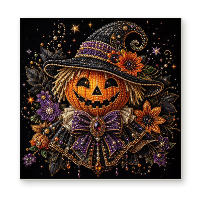 Straight dimensional white-background mockup of the complete artwork — Pumpkin Witch in an Ornate Hat and Floral Collar. Pearl diamond painting DIY kit by Isuvio.