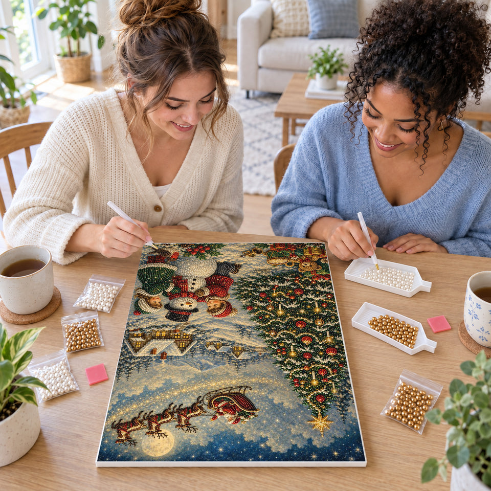 Two friends creating one shared Pearl artwork — Santa's Sleigh Above Children and a Snowman. Pearl diamond painting DIY kit by Isuvio.