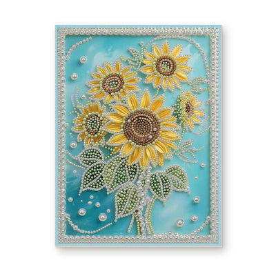 Straight dimensional white-background mockup of the complete artwork — Golden Sunflowers on a Turquoise Pearl Background. Pearl diamond painting DIY kit by Isuvio.