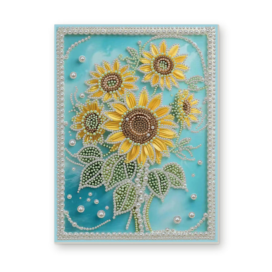 Straight dimensional white-background mockup of the complete artwork — Golden Sunflowers on a Turquoise Pearl Background. Pearl diamond painting DIY kit by Isuvio.