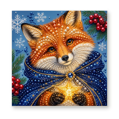 Straight dimensional white-background mockup of the complete artwork — Winter Fox in a Blue Cloak with a Golden Star. Pearl diamond painting DIY kit by Isuvio.