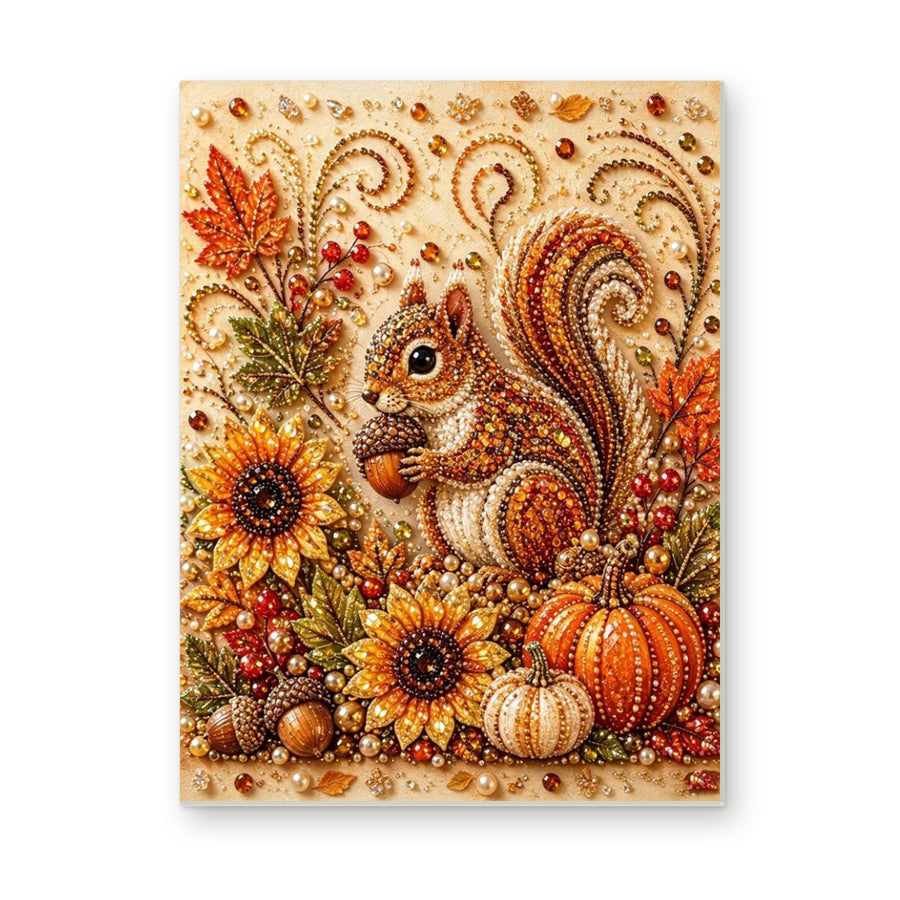 Straight dimensional white-background mockup of the complete artwork — Autumn Squirrel with Sunflowers and Pumpkins. Pearl diamond painting DIY kit by Isuvio.