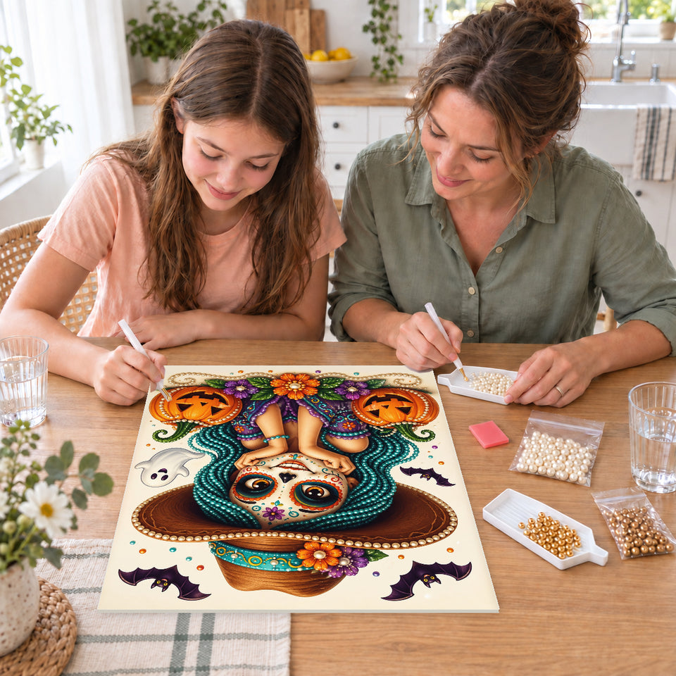 Mother and daughter creating one shared Pearl artwork — Teal-Haired Sugar Skull Girl with Pumpkins. Pearl diamond painting DIY kit by Isuvio.