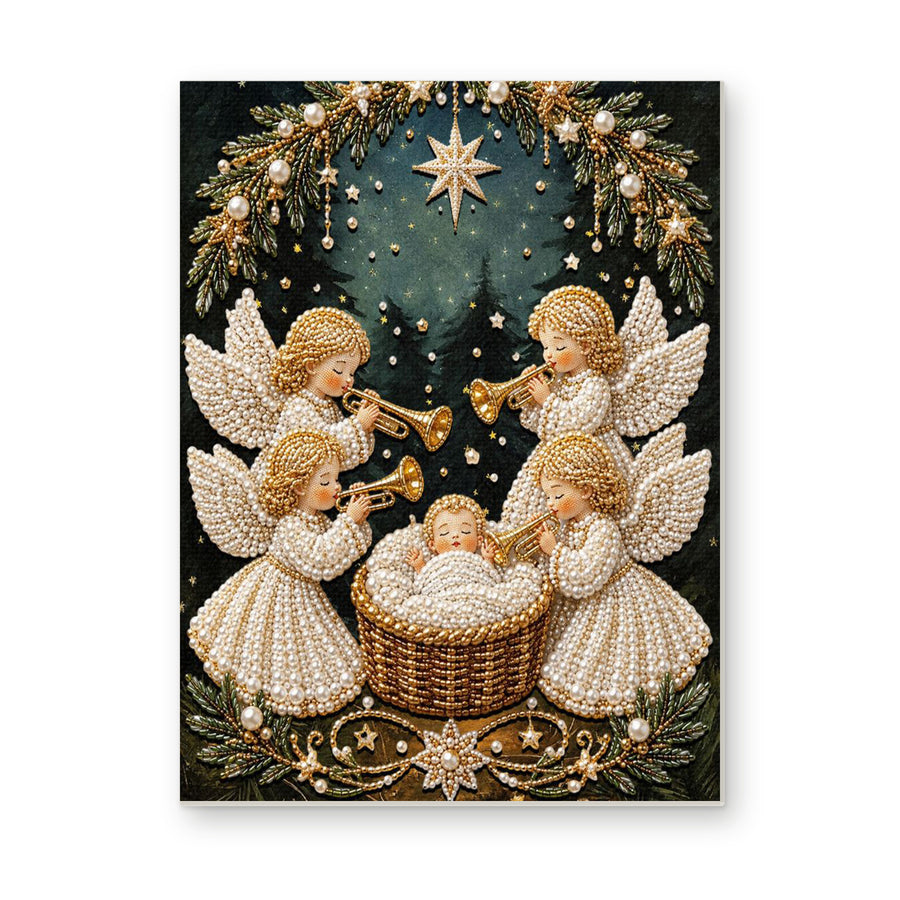 Straight dimensional white-background mockup of the complete artwork — Four Christmas Angels and Baby Jesus. Pearl diamond painting DIY kit by Isuvio.