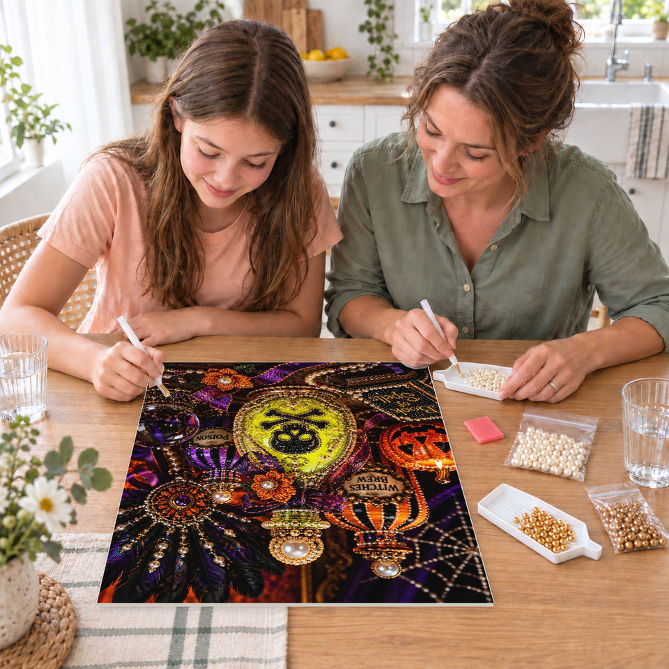 Mother and daughter creating one shared Pearl artwork — Witch's Potions and a Book of Spells. Pearl diamond painting DIY kit by Isuvio.