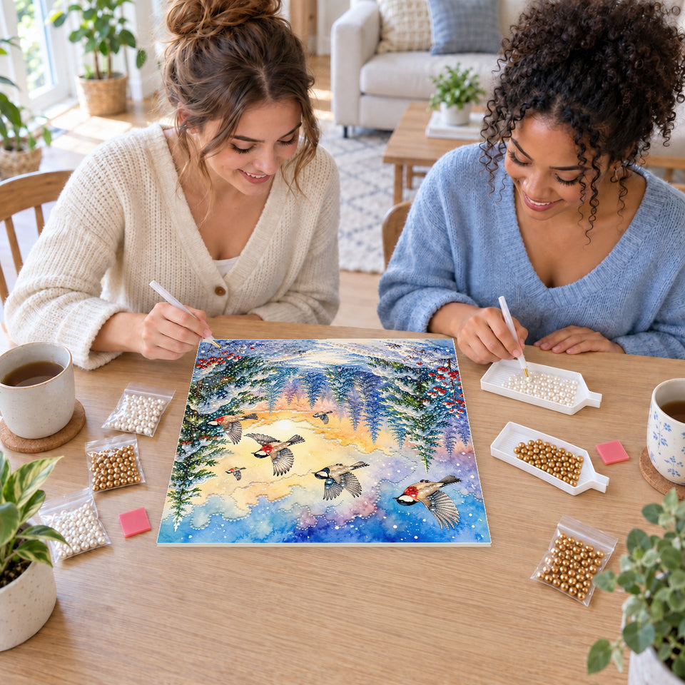 Two friends creating one shared Pearl artwork — Winter Birds over a Snowy Forest Path. Pearl diamond painting DIY kit by Isuvio.