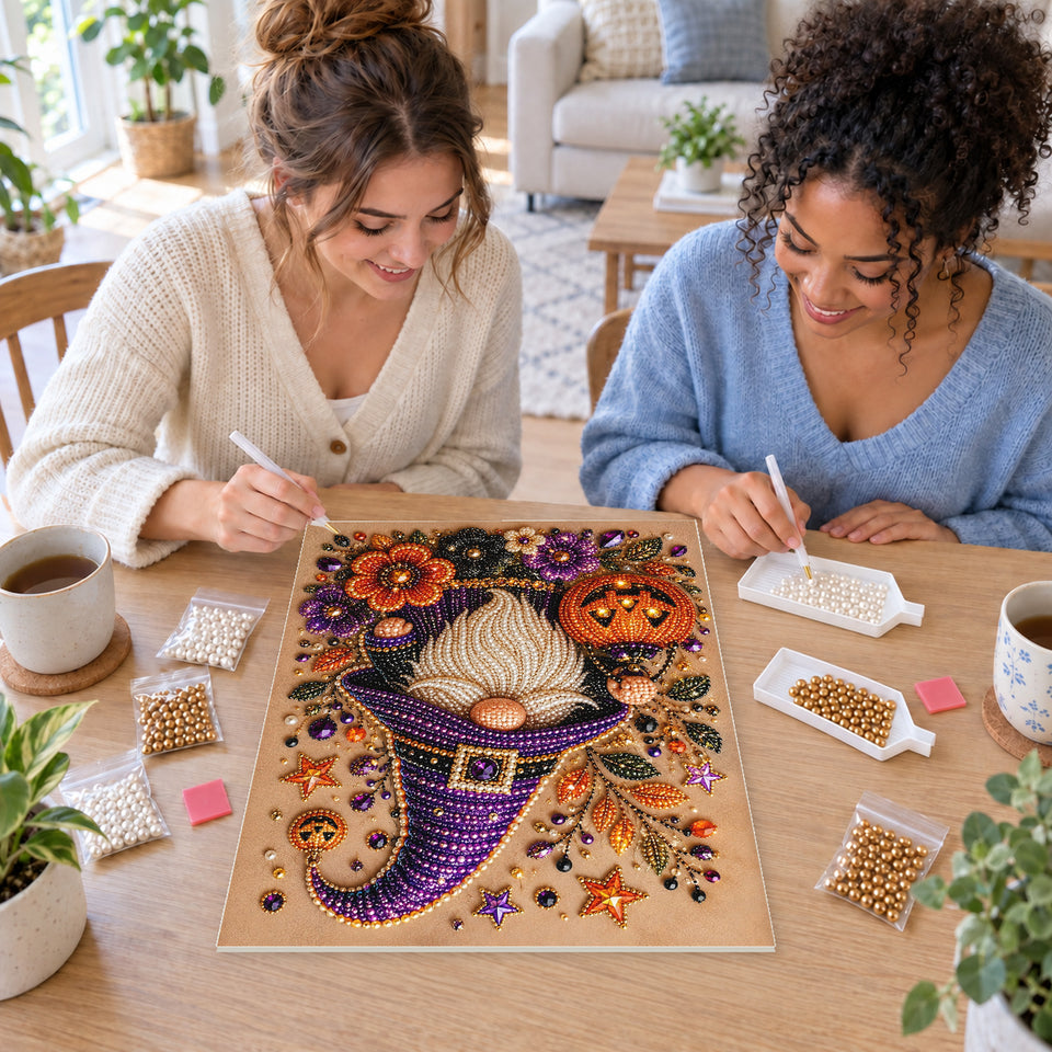 Two friends creating one shared Pearl artwork — Purple-Hatted Gnome with a Pumpkin Lantern. Pearl diamond painting DIY kit by Isuvio.