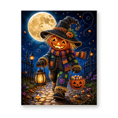 Straight dimensional white-background mockup of the complete artwork — Pumpkin Scarecrow with a Moonlit Lantern. Pearl diamond painting DIY kit by Isuvio.