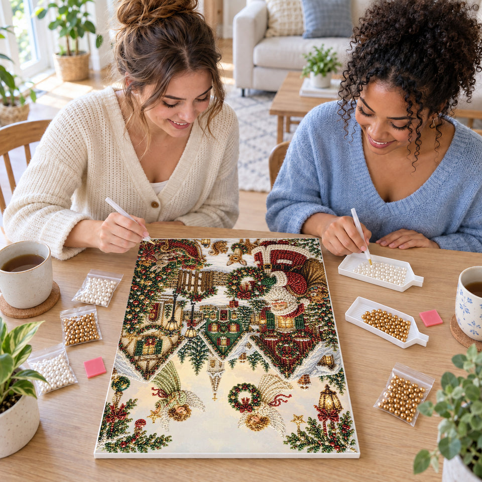 Two friends creating one shared Pearl artwork — Santa with a Wreath in a Snowy Village. Pearl diamond painting DIY kit by Isuvio.