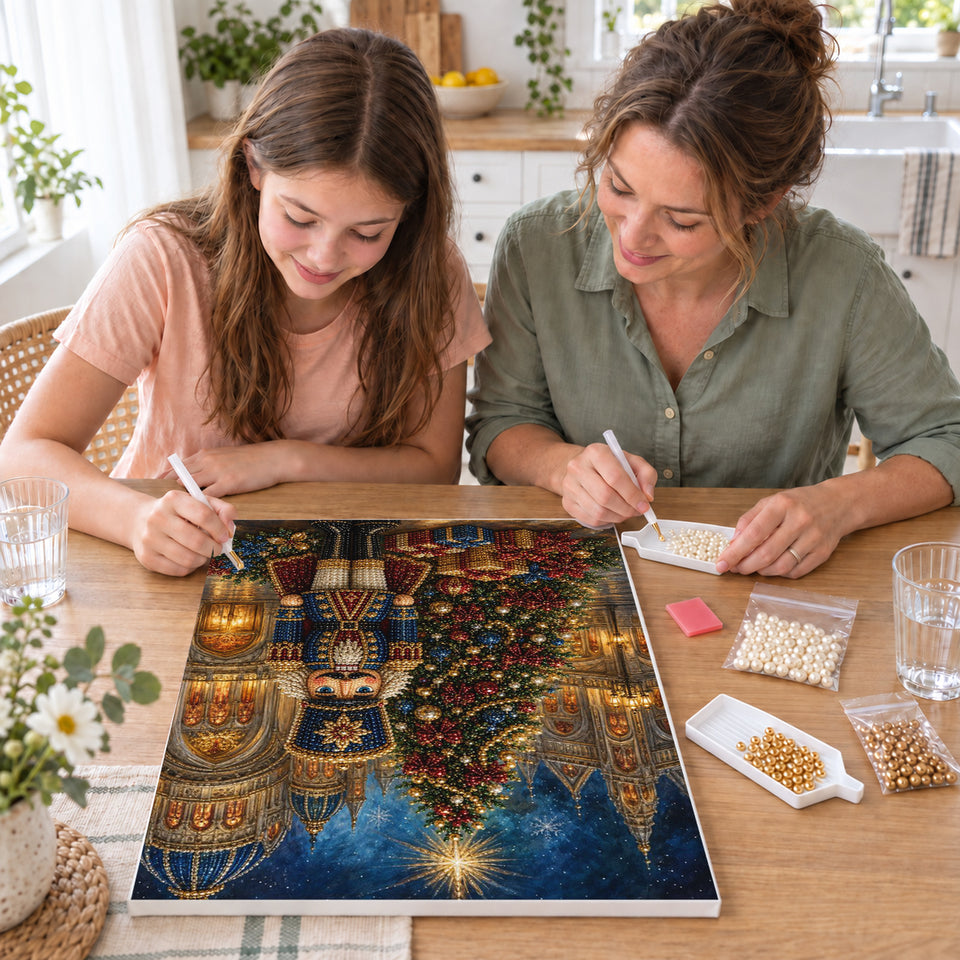 Mother and daughter creating one shared Pearl artwork — Blue Nutcracker in a Christmas Cathedral Square. Pearl diamond painting DIY kit by Isuvio.