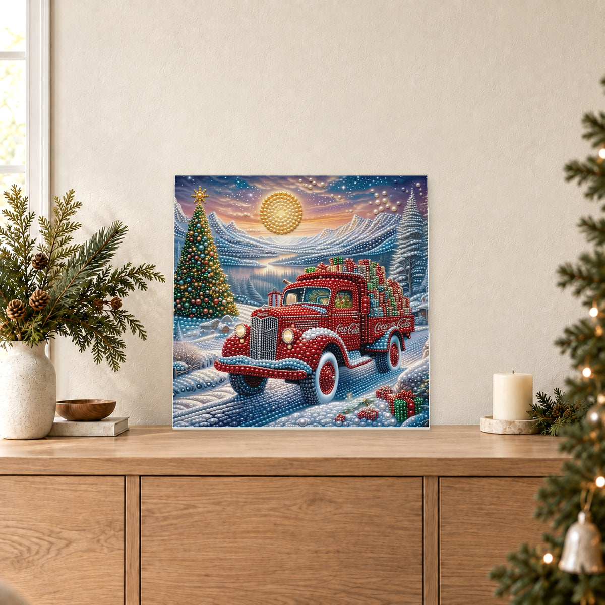 Roter Weihnachtstruck an einem Bergsee