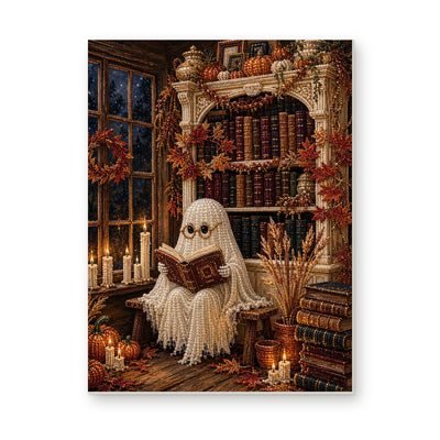 Straight dimensional white-background mockup of the complete artwork — Reading Ghost in an Autumn Library. Pearl diamond painting DIY kit by Isuvio.