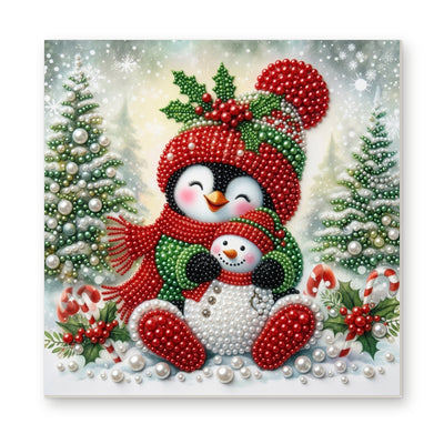 Straight dimensional white-background mockup of the complete artwork — Penguin Cuddling a Little Snowman at Christmas. Pearl diamond painting DIY kit by Isuvio.