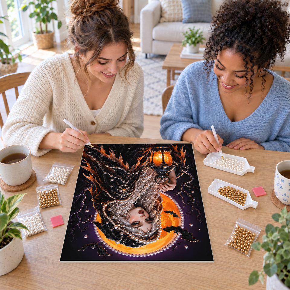 Two friends creating one shared Pearl artwork — Silver-Haired Enchantress with a Lantern. Pearl diamond painting DIY kit by Isuvio.