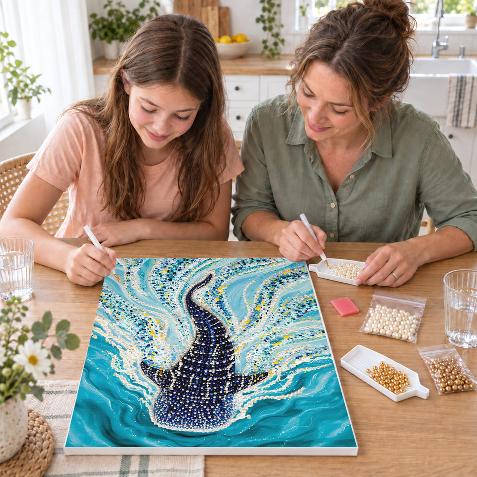 Mother and daughter creating one shared Pearl artwork — Whale Shark Swimming Through Turquoise Water. Pearl diamond painting DIY kit by Isuvio.
