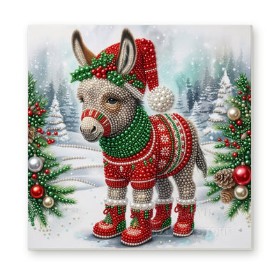 Straight dimensional white-background mockup of the complete artwork — Christmas Donkey in a Nordic Sweater. Pearl diamond painting DIY kit by Isuvio.