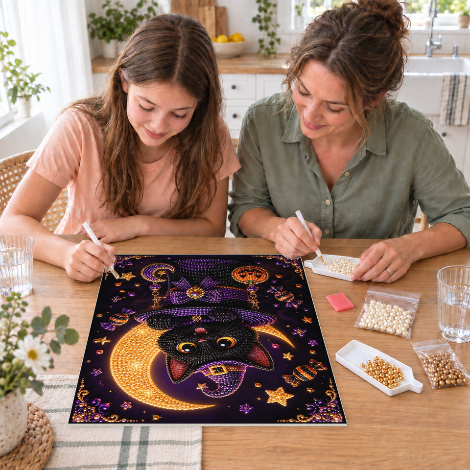 Mother and daughter creating one shared Pearl artwork — Black Cat in a Purple Witch Hat with Pumpkin Charms. Pearl diamond painting DIY kit by Isuvio.