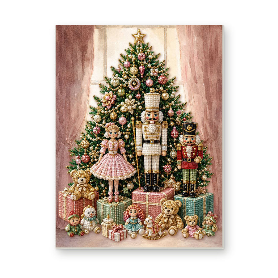 Straight dimensional white-background mockup of the complete artwork — Pink Christmas Tree with Nutcrackers and Toys. Pearl diamond painting DIY kit by Isuvio.