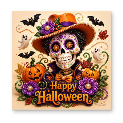 Straight dimensional white-background mockup of the complete artwork — Happy Halloween Skeleton in an Orange Hat. Pearl diamond painting DIY kit by Isuvio.