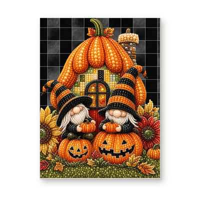 Straight dimensional white-background mockup of the complete artwork — Pumpkin House Halloween Gnomes. Pearl diamond painting DIY kit by Isuvio.