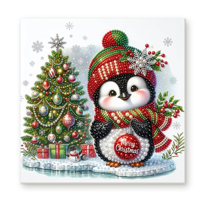 Straight dimensional white-background mockup of the complete artwork — Penguin with a Merry Christmas Bauble. Pearl diamond painting DIY kit by Isuvio.