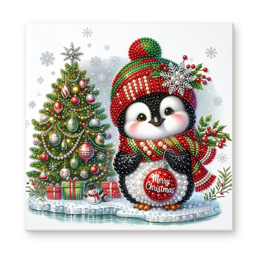 Straight dimensional white-background mockup of the complete artwork — Penguin with a Merry Christmas Bauble. Pearl diamond painting DIY kit by Isuvio.